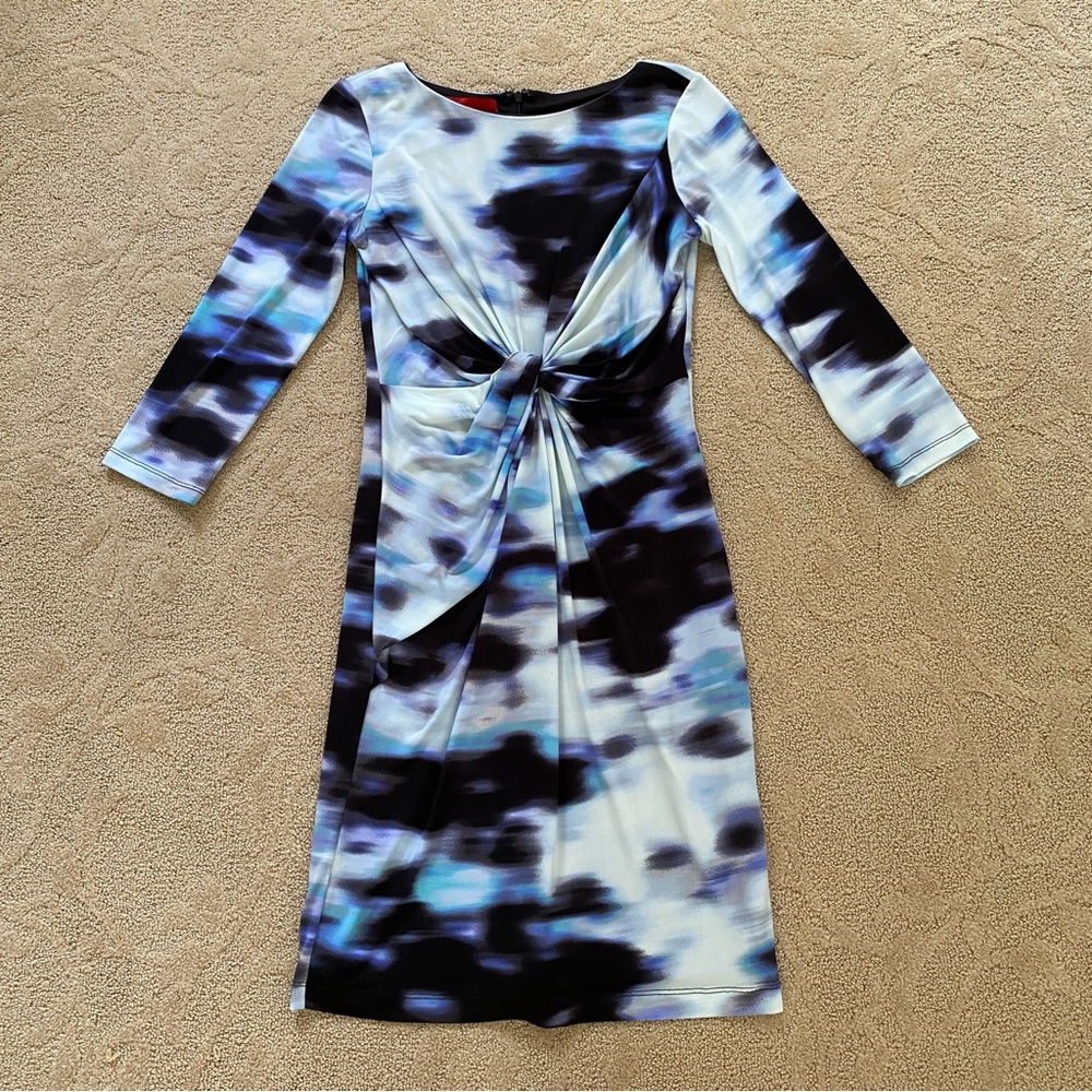 Cynthia Steele Size 0 Blue Abstract Print Tie Front Midi Sheath Dress Space Dye